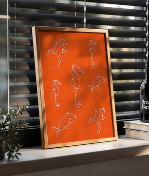 Geometrische Tiermuster auf leuchtend orangefarbenem Hintergrund