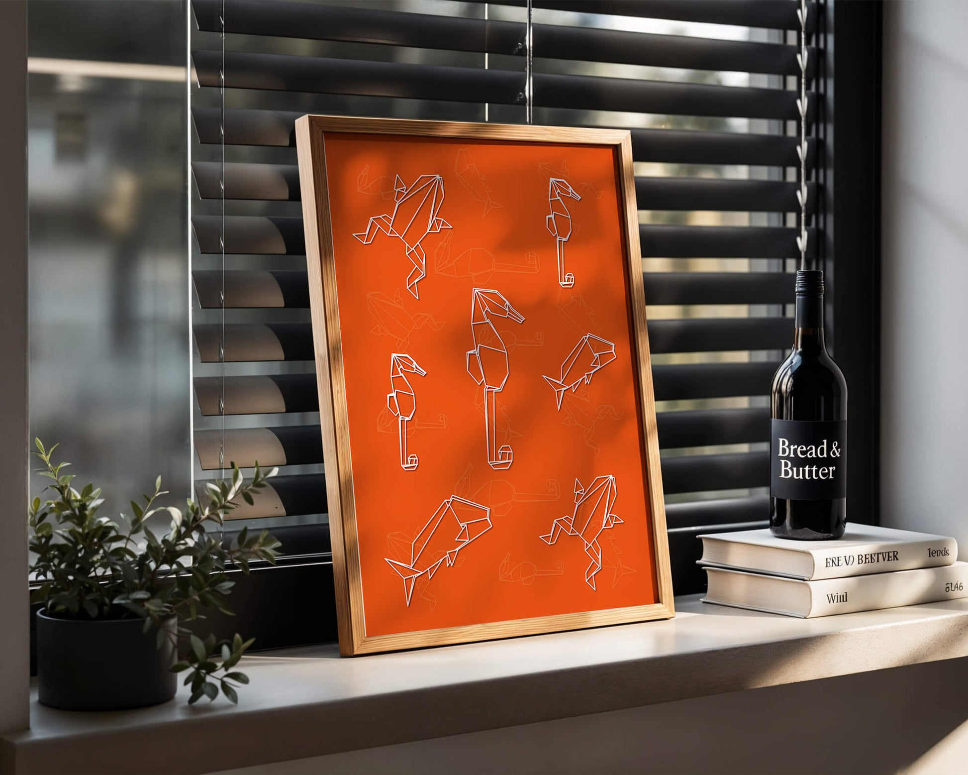 Geometric animal patterns on vibrant orange background