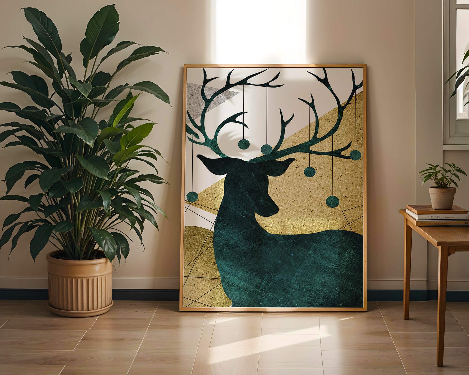 Silhouette of a Deer with Abstract Gold and Green Background