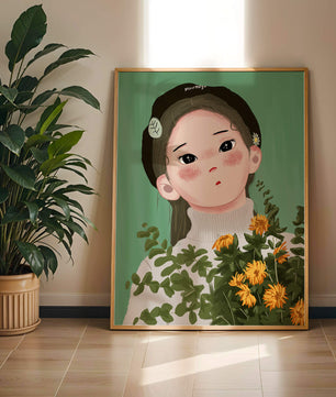Illustration of a girl with flowers and a beret on a green background