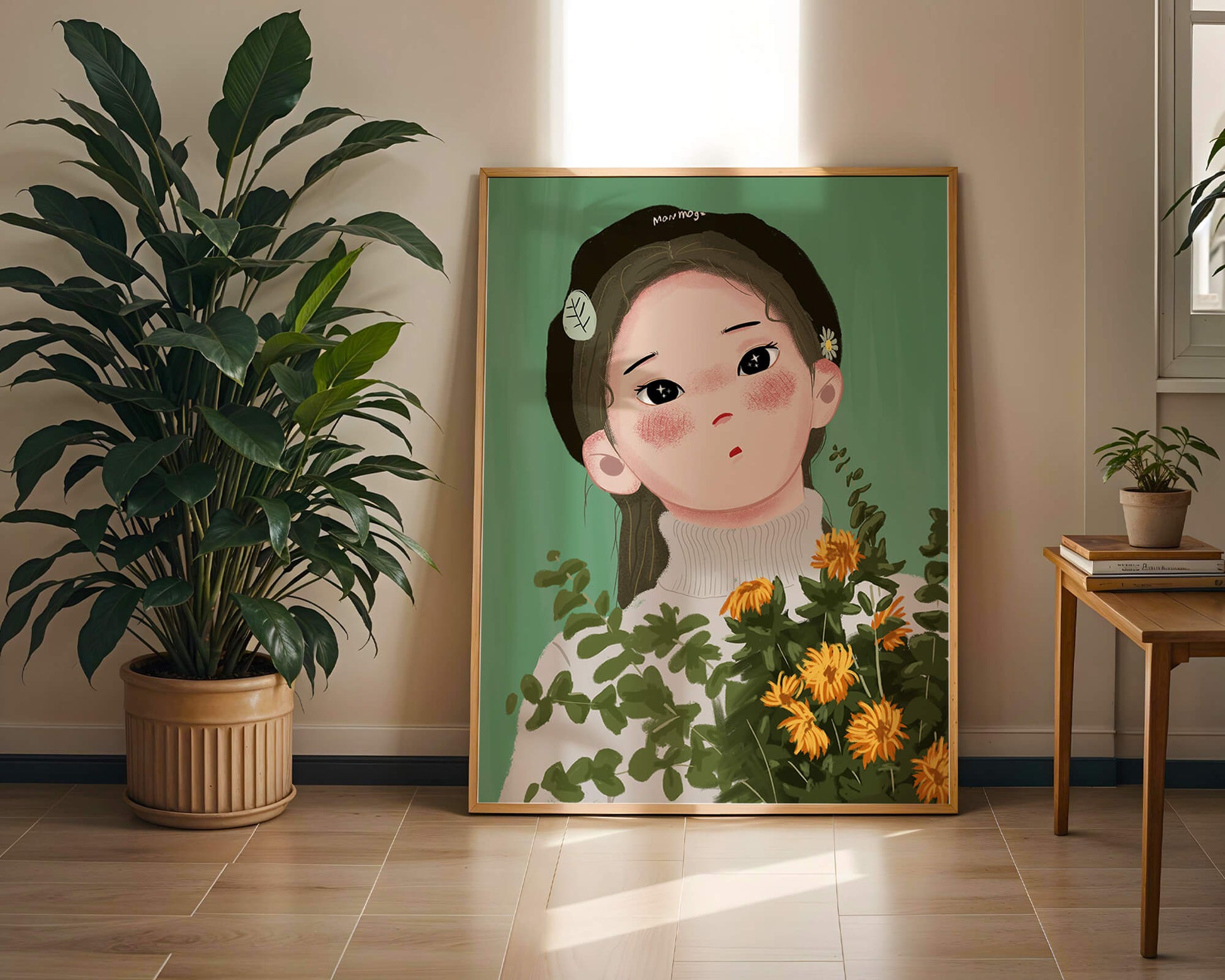 Illustration of a girl with flowers and a beret on a green background