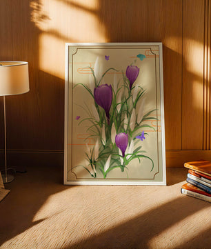 Elegant Crocus Flowers with Butterflies in a Delicate Frame