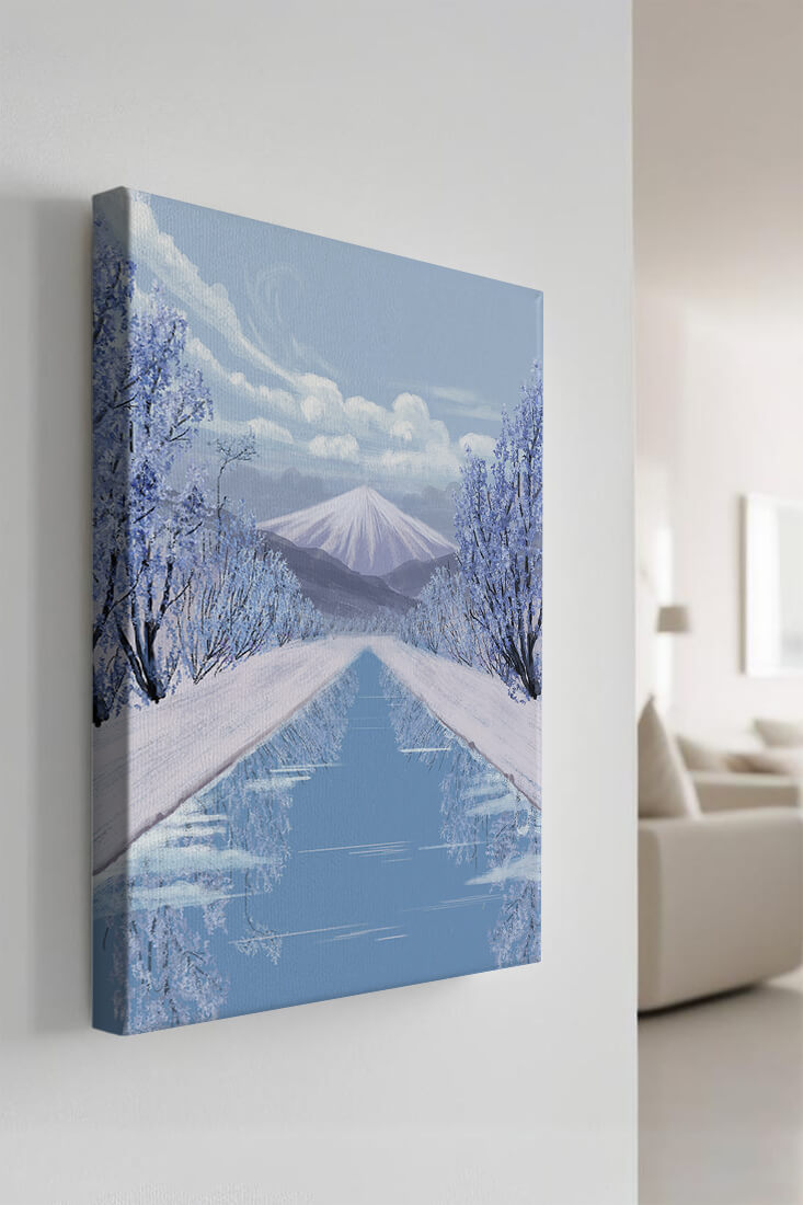 Serene winter landscape with mountain and snowy trees reflecting in water