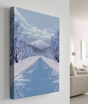 Serene winter landscape with mountain and snowy trees reflecting in water