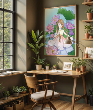 Illustration fantaisiste d'une jeune fille aux cheveux tressés parmi des fleurs de lotus