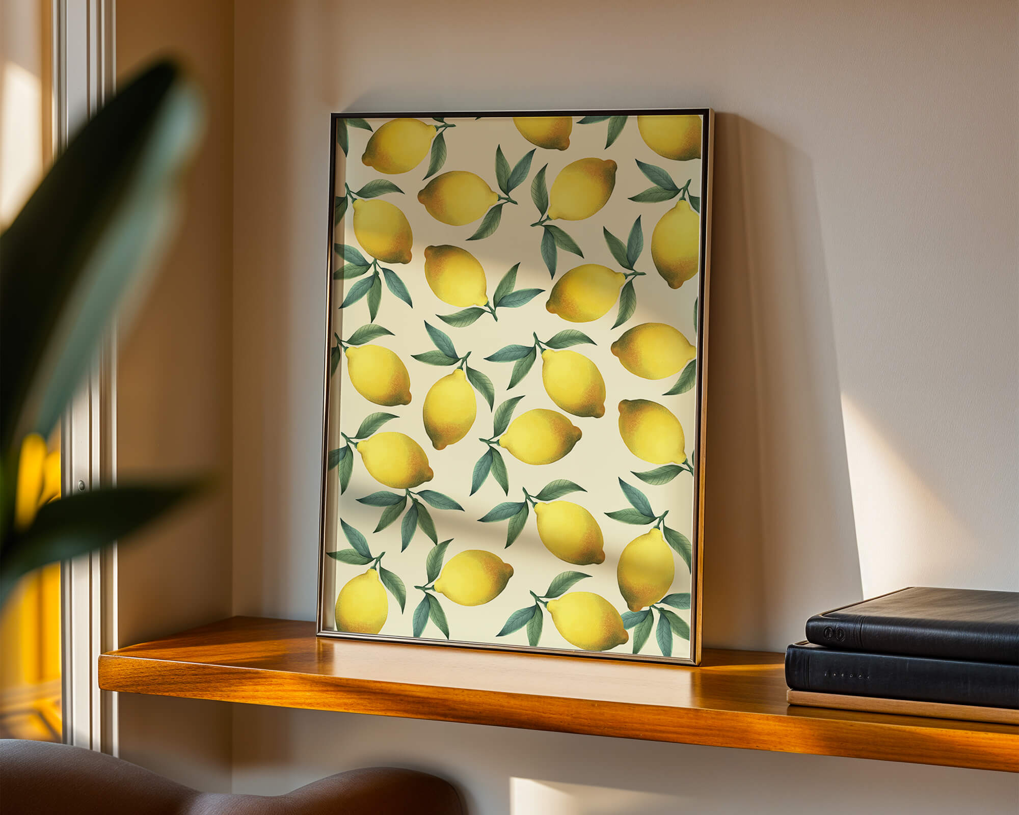 Vibrant lemon pattern with green leaves on a light background