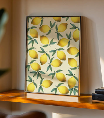 Vibrant lemon pattern with green leaves on a light background
