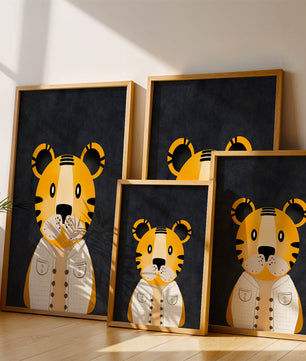 Illustration of cute cartoon tiger character in stylish outfit on dark background