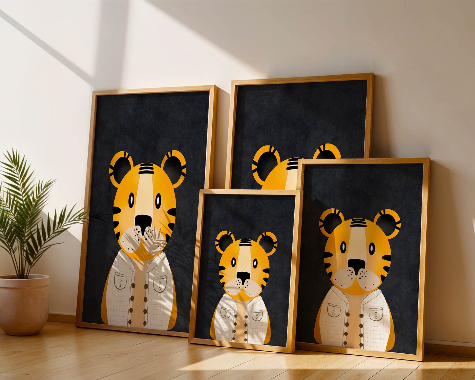 Illustration of cute cartoon tiger character in stylish outfit on dark background
