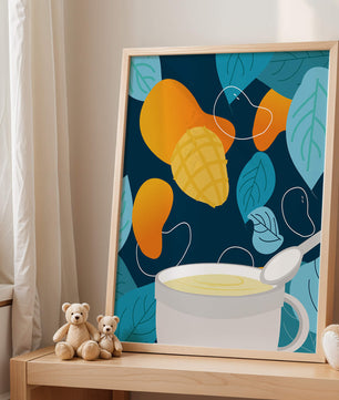 Ilustración colorida de mangos y hojas con una bebida cremosa