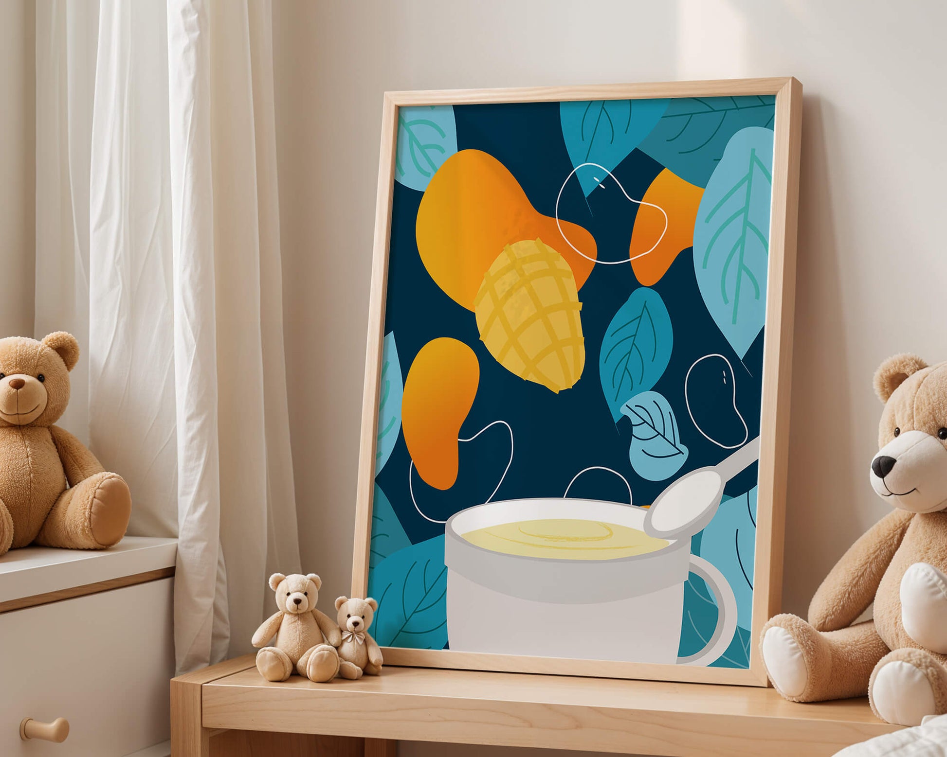 Ilustración colorida de mangos y hojas con una bebida cremosa