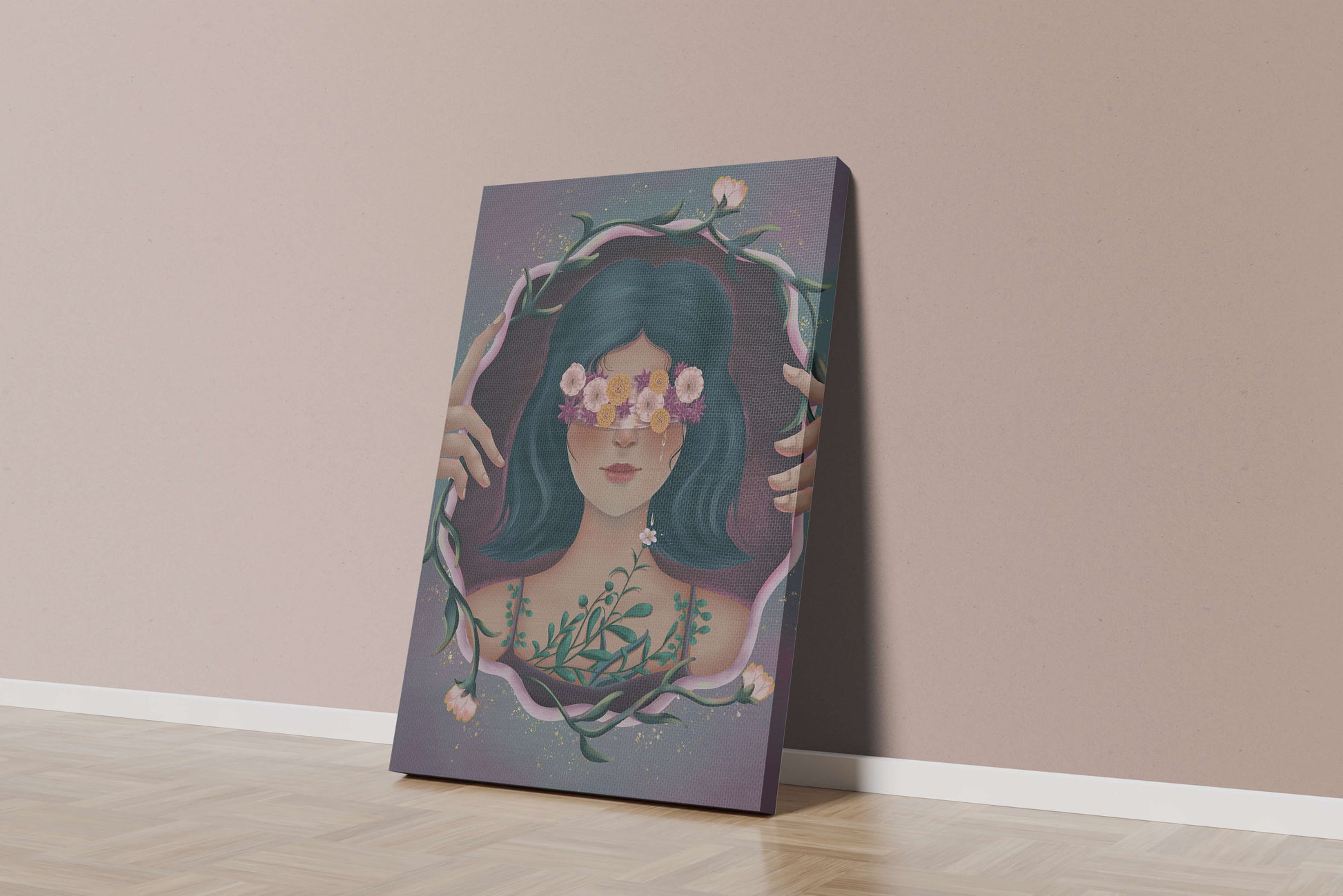 Retrato encantador de una mujer con ojos florales y cabello oscuro