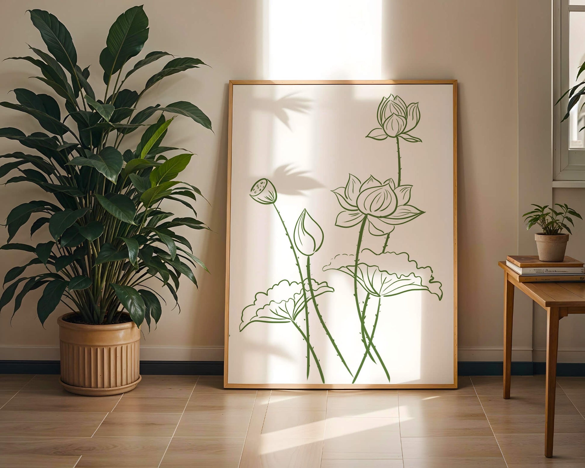 Ilustración de arte lineal verde de flores de loto con capullos