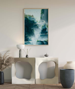 Paisaje montañoso sereno con pagoda y río serpenteante