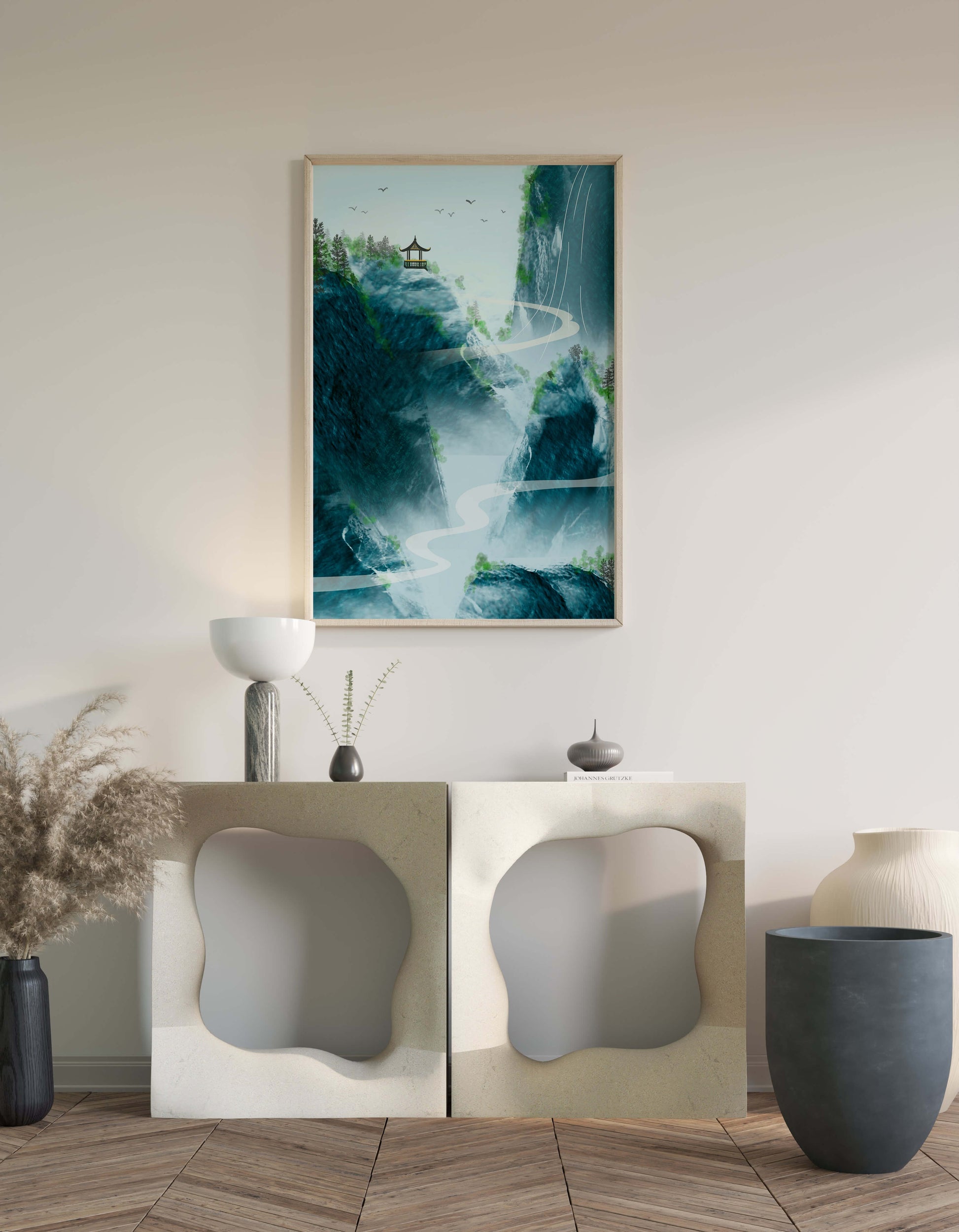 Paisaje montañoso sereno con pagoda y río serpenteante