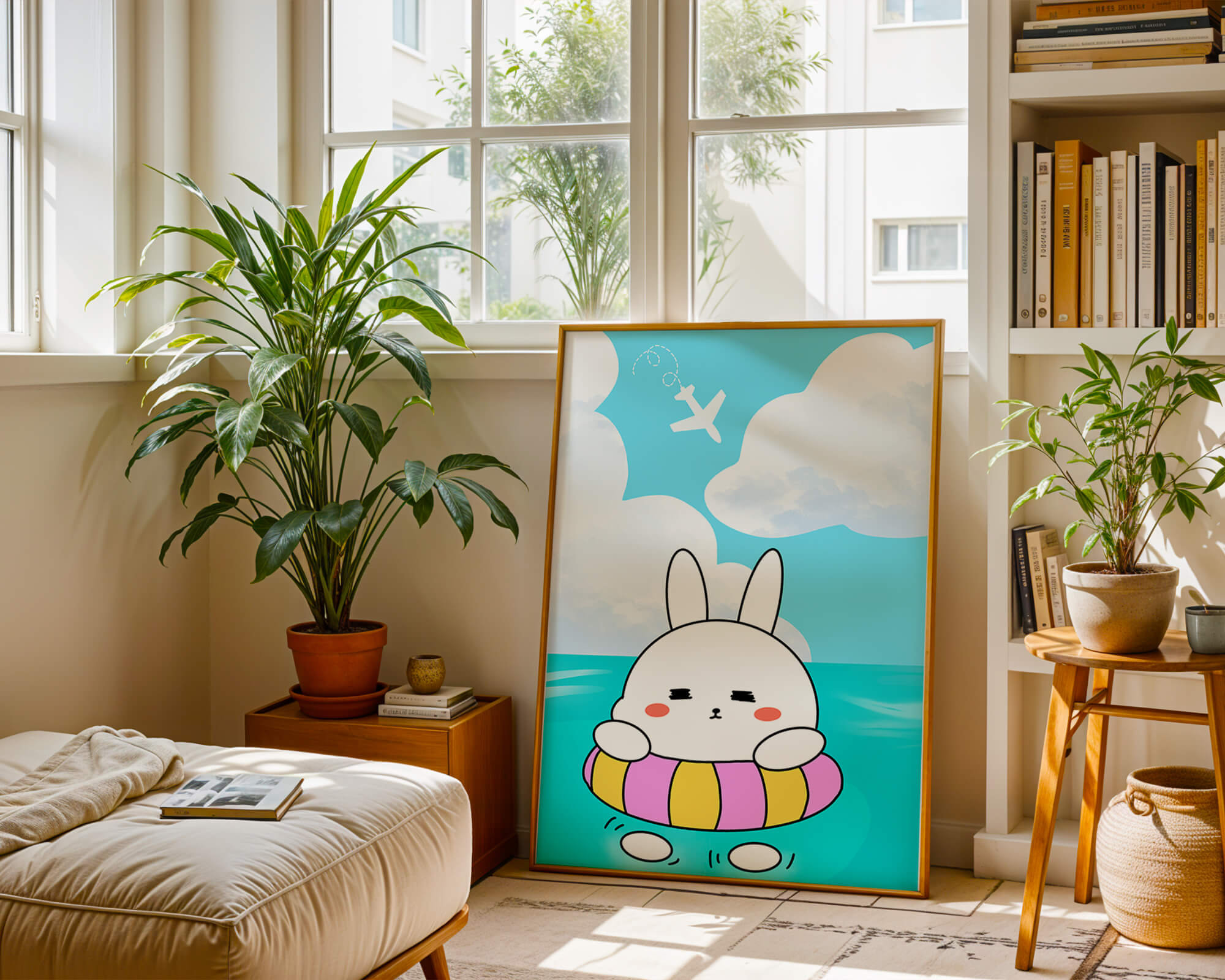 Illustration of a cute bunny floating on a colorful inflatable in a blue ocean under a bright sky with an airplane