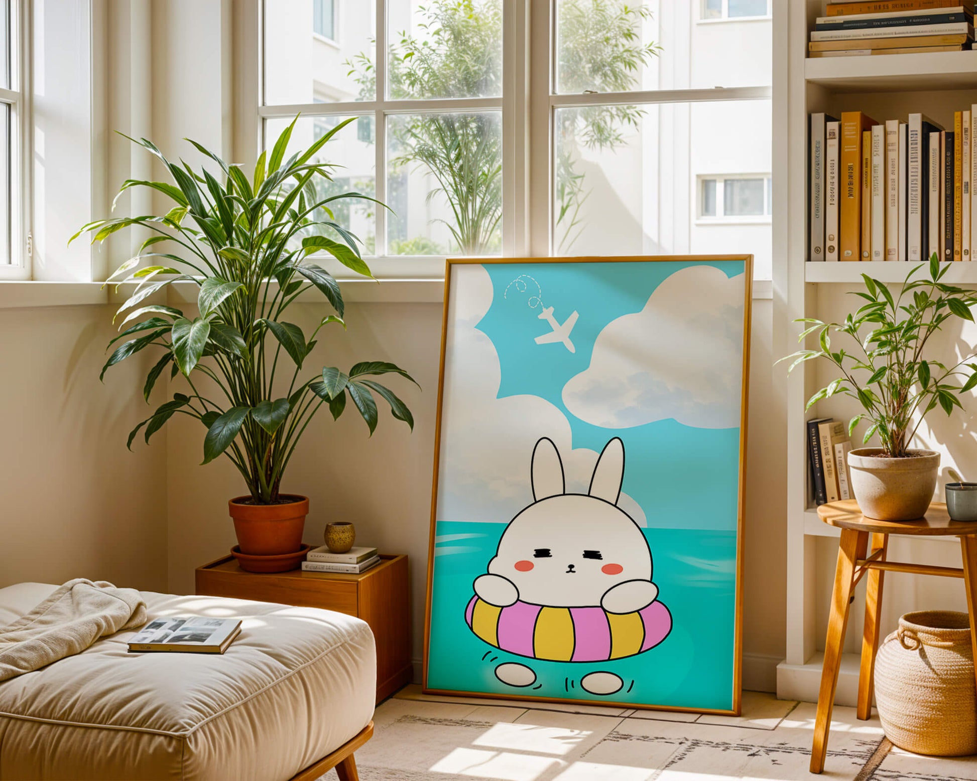 Illustration of a cute bunny floating on a colorful inflatable in a blue ocean under a bright sky with an airplane