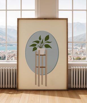 Illustration botanique moderne d'une plante en pot sur un support en bois