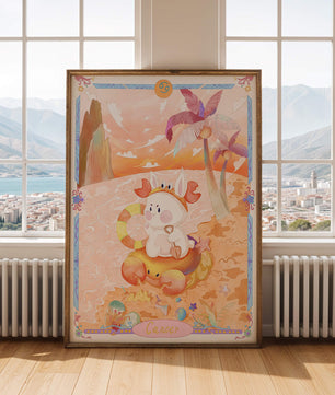 Charming Zodiac Cancer Illustration with Cartoon Bunny on a Beach