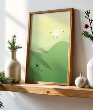 Paisaje minimalista con figuras silueteadas y aves al atardecer