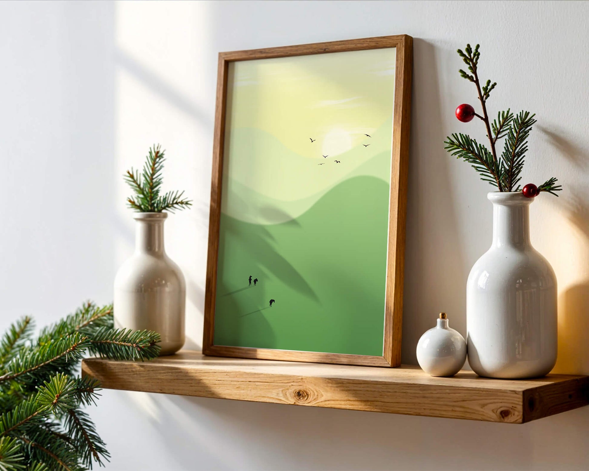 Paisaje minimalista con siluetas de personas y pájaros al atardecer
