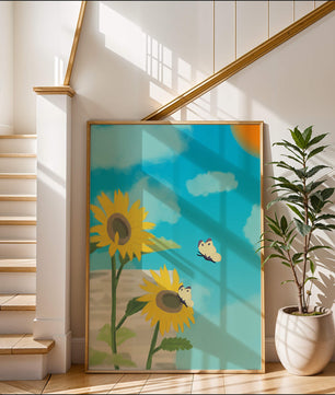 Sunflowers And Butterflies Under A Bright Blue Sky