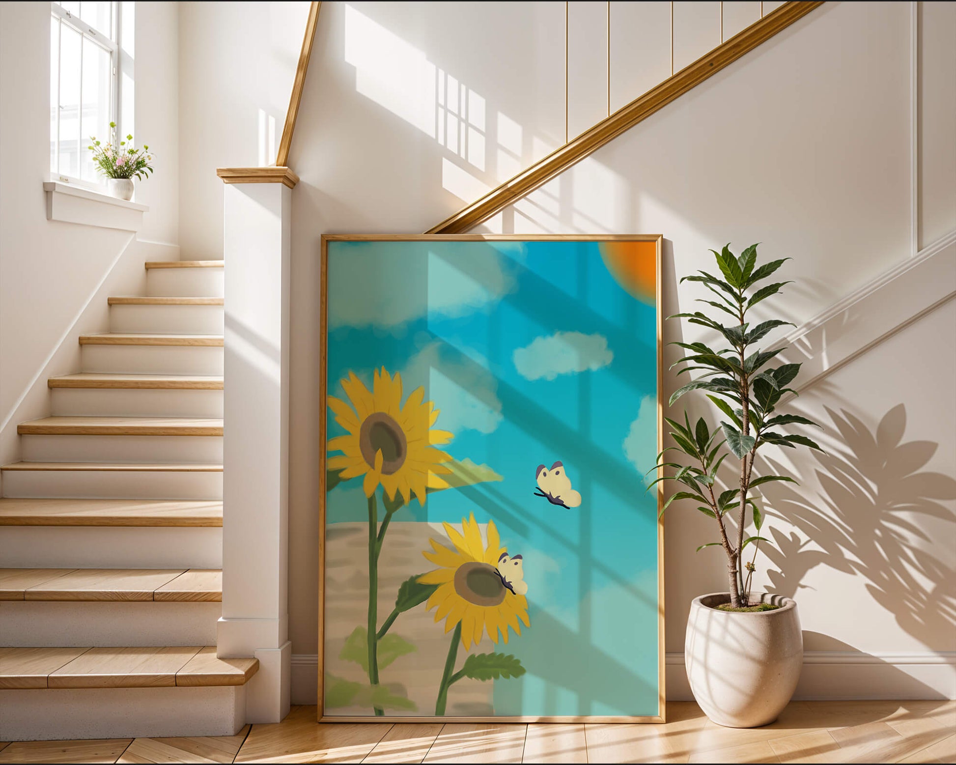 Sunflowers And Butterflies Under A Bright Blue Sky