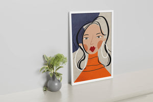Colorful abstract portrait featuring a woman with red lips and hoop earrings on textured background - Mi tienda