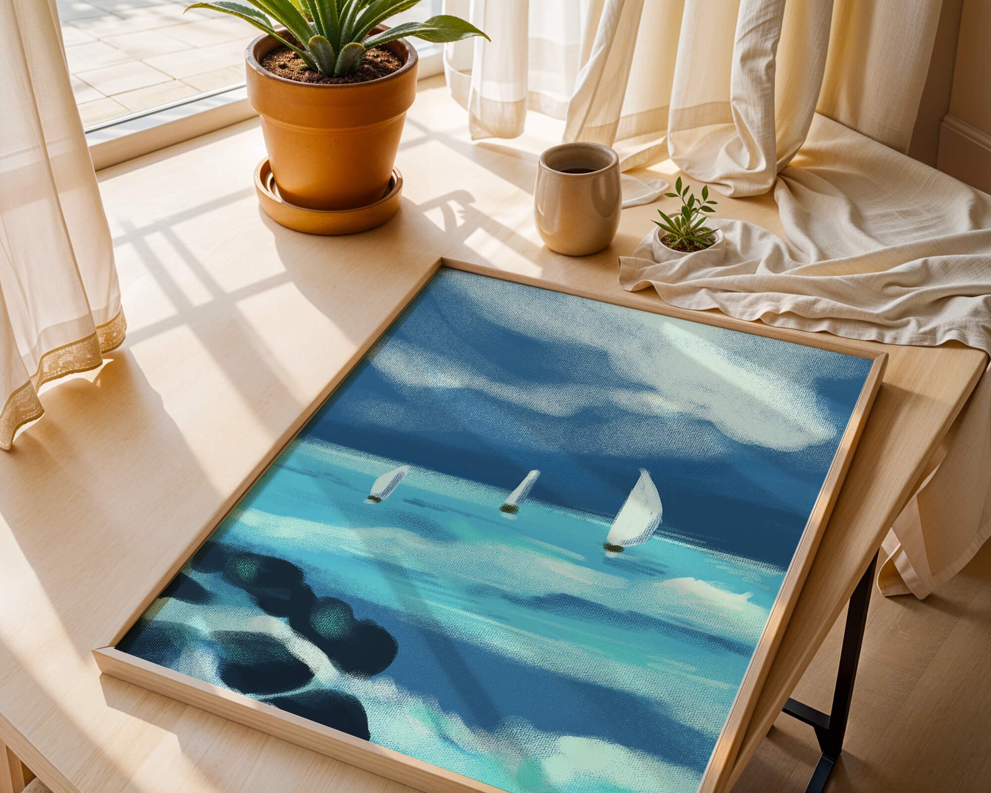 Seascape with sailboats navigating blue waves under a dramatic sky