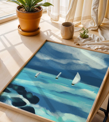 Seascape with sailboats navigating blue waves under a dramatic sky