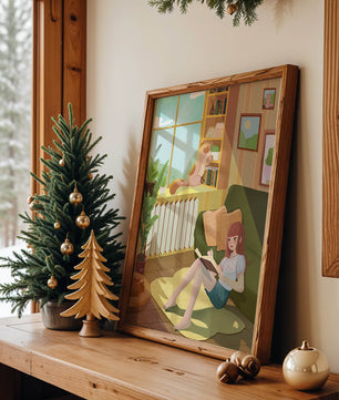Cozy Living Room with a Reading Girl and Cat by the Window