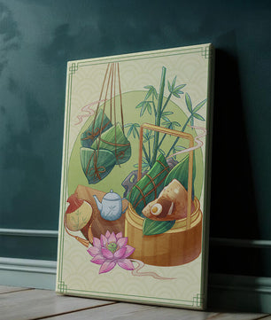 Traditional Asian tea set with bamboo and dumplings