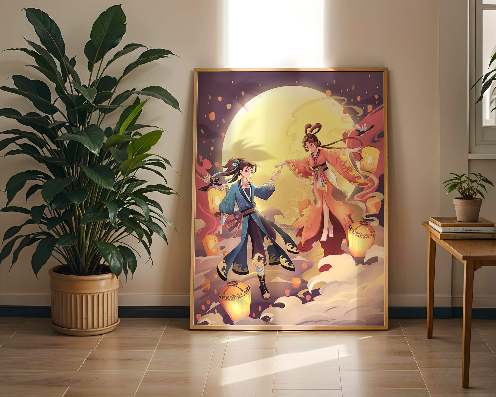 Elegant moonlit fantasy scene with traditional attire
