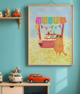 Gato ilustrado con gafas de sol en un puesto de dulces colorido