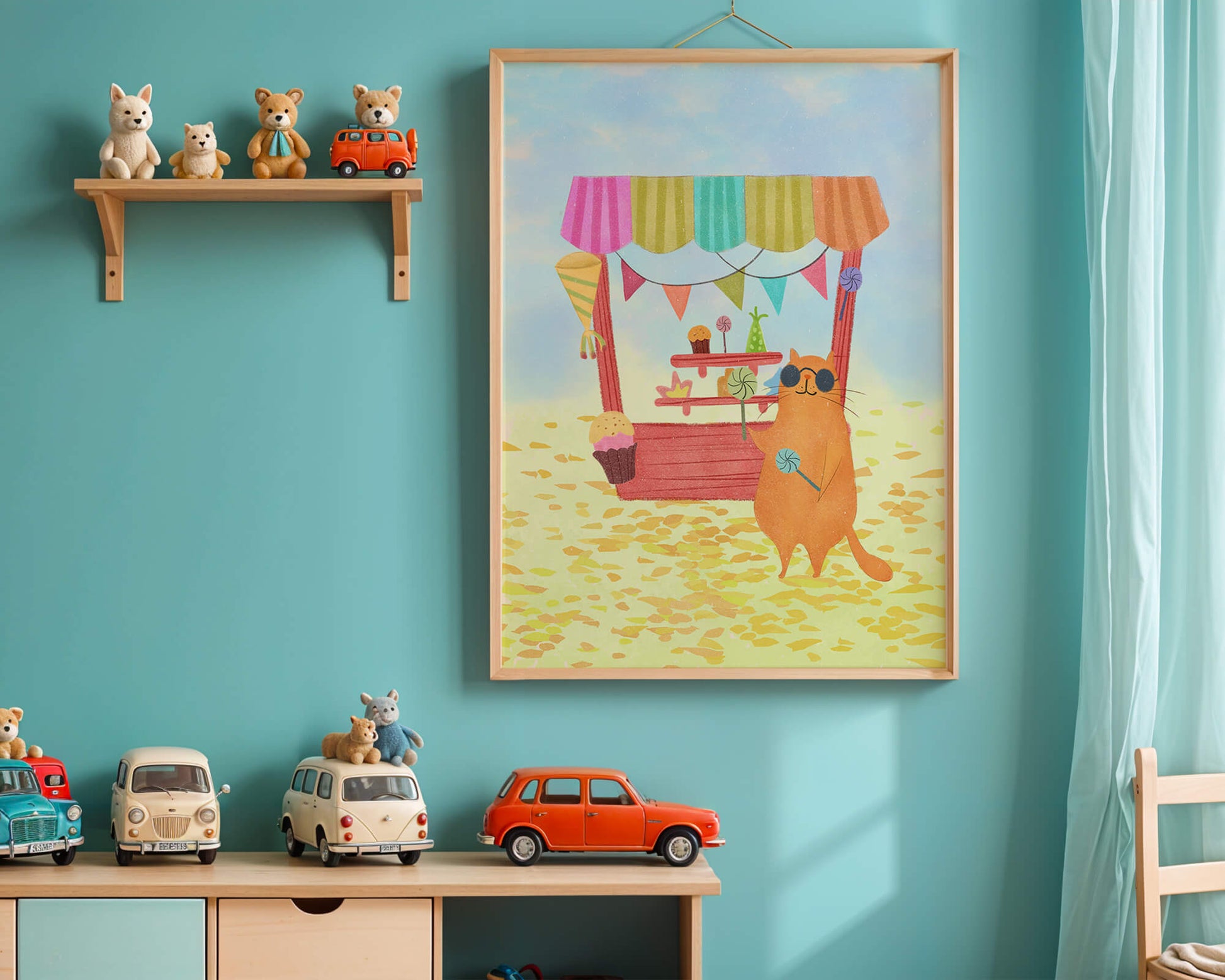 Illustrated Cat with Sunglasses at a Colorful Candy Stand