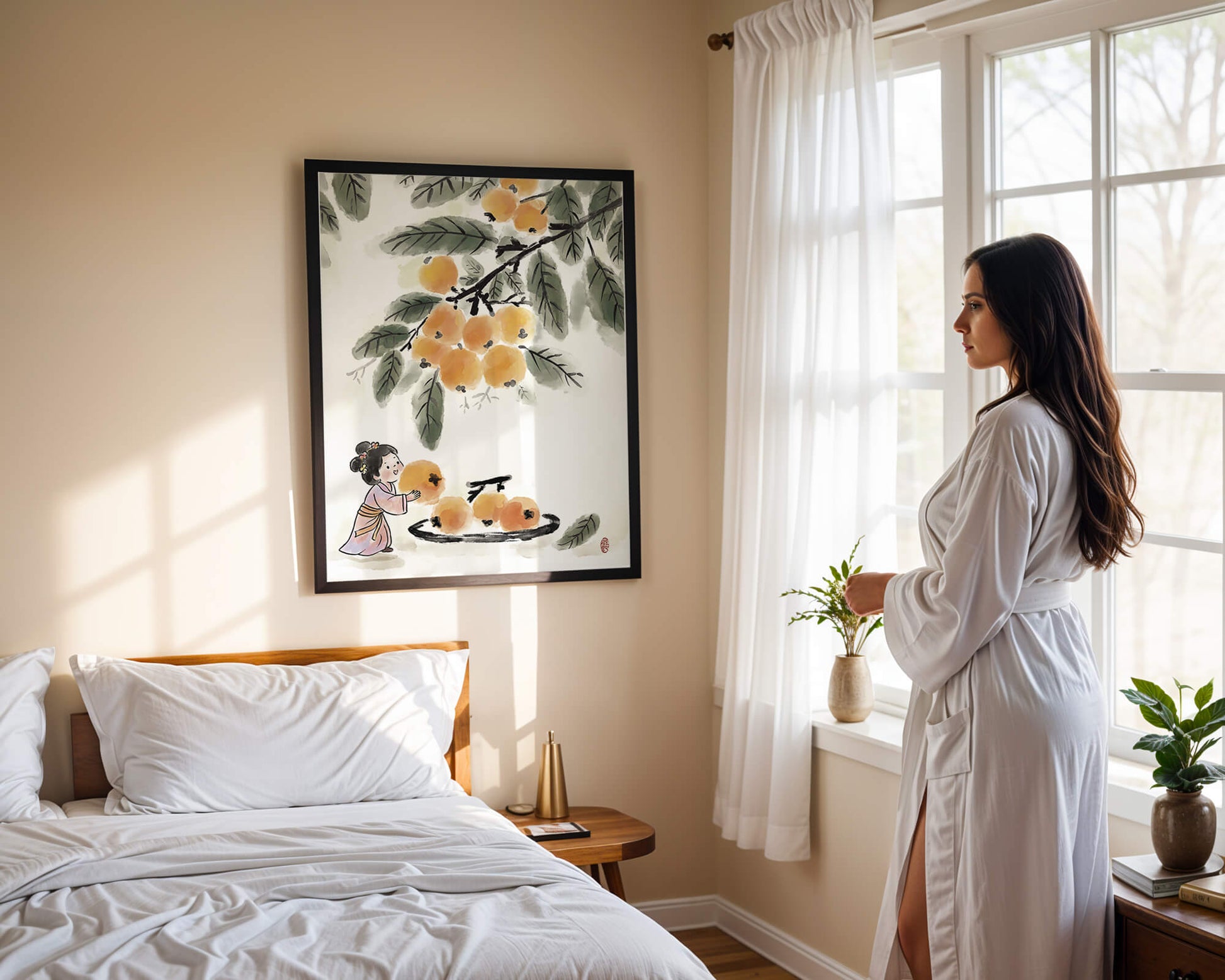 Arte japonés con una niña recogiendo caquis bajo un árbol