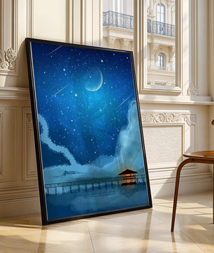 Serene Night Sky with Crescent Moon, Stars, and Pier Over Water