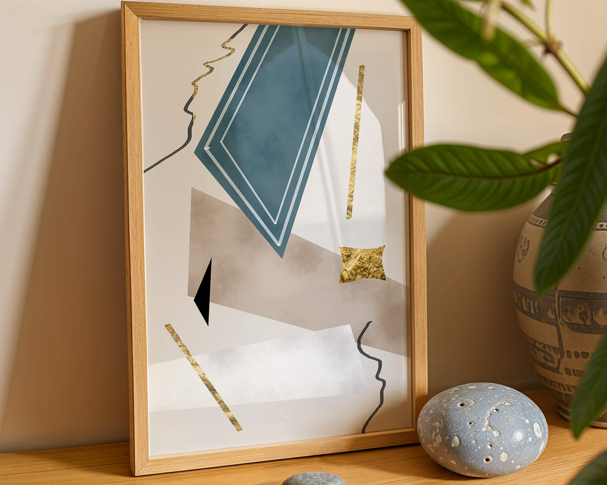 Abstract geometric artwork with gold accents and dynamic shapes
