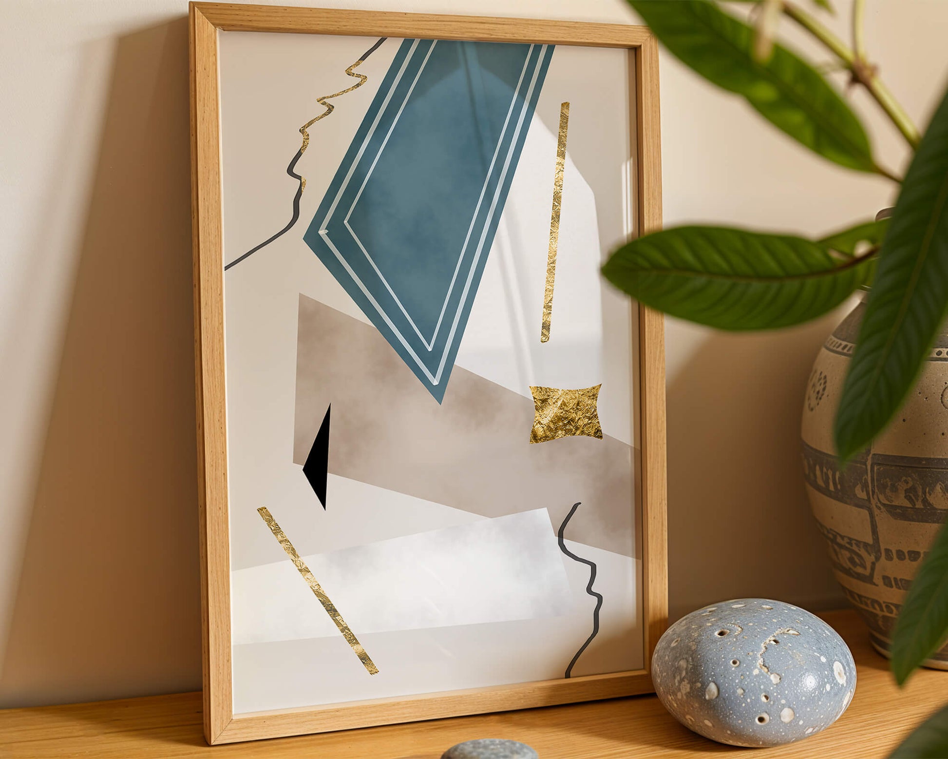 Abstract geometric artwork with gold accents and dynamic shapes