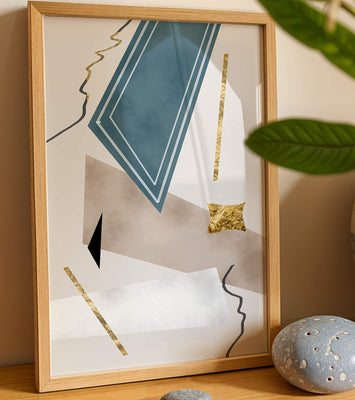 Abstract geometric artwork with gold accents and dynamic shapes