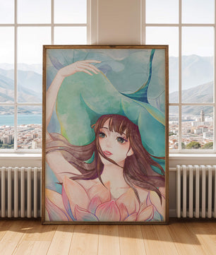 Serene water-inspired portrait of a woman with flowers
