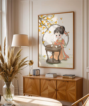 Charmante illustration d'une fille en tenue traditionnelle avec des feuilles de ginkgo
