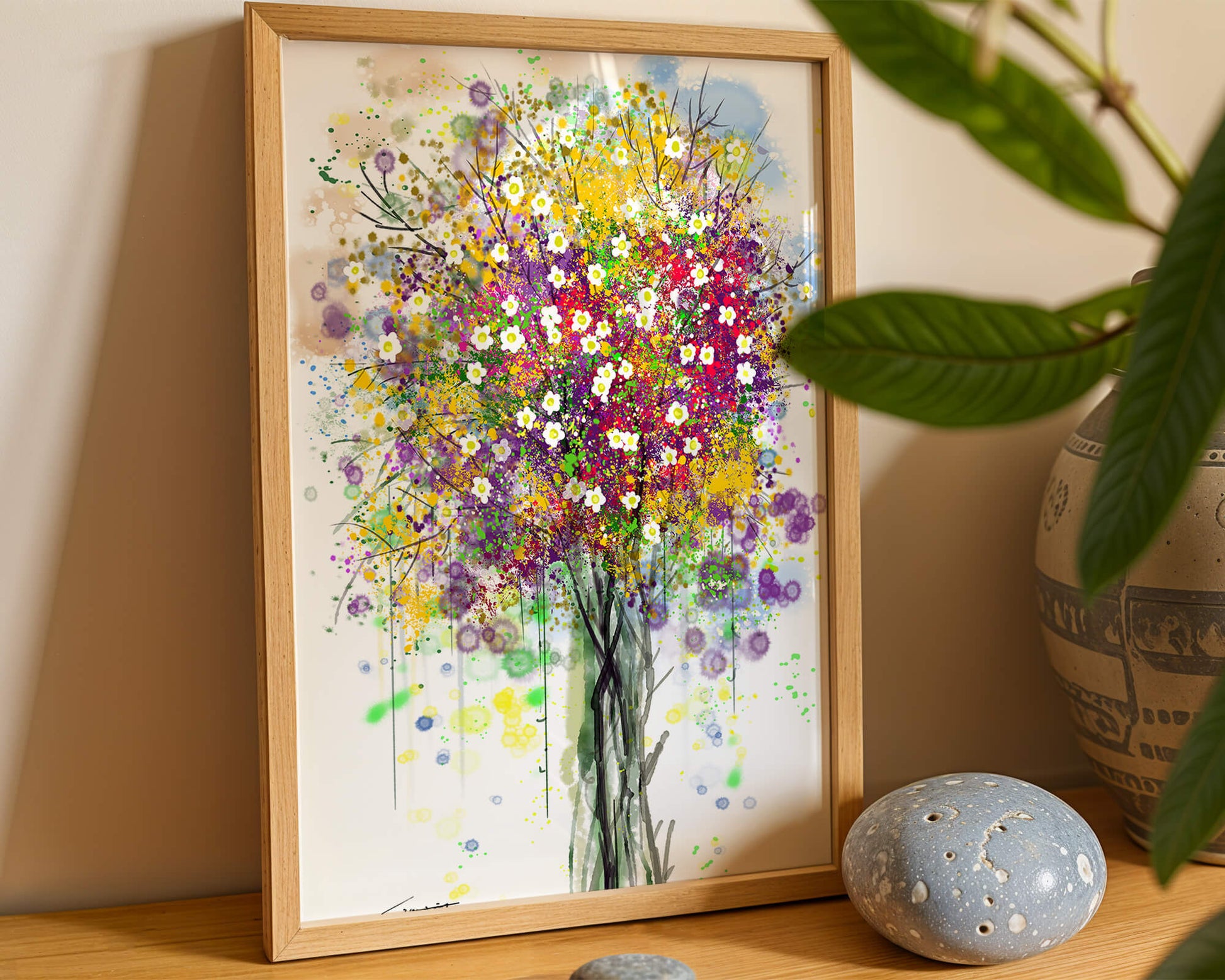 Abstract expressionist floral tree with vibrant colors