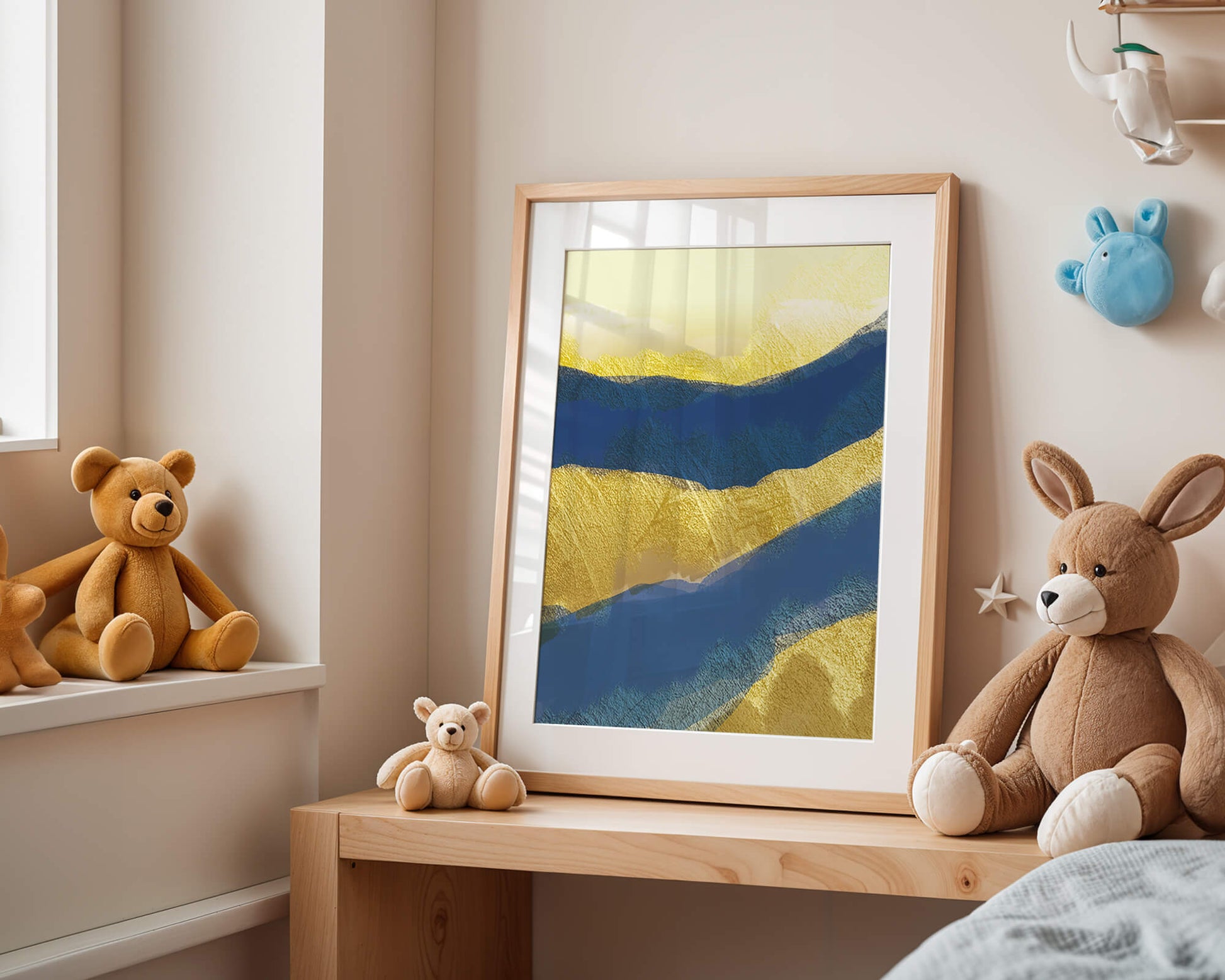 Abstract landscape with blue and yellow textured layers