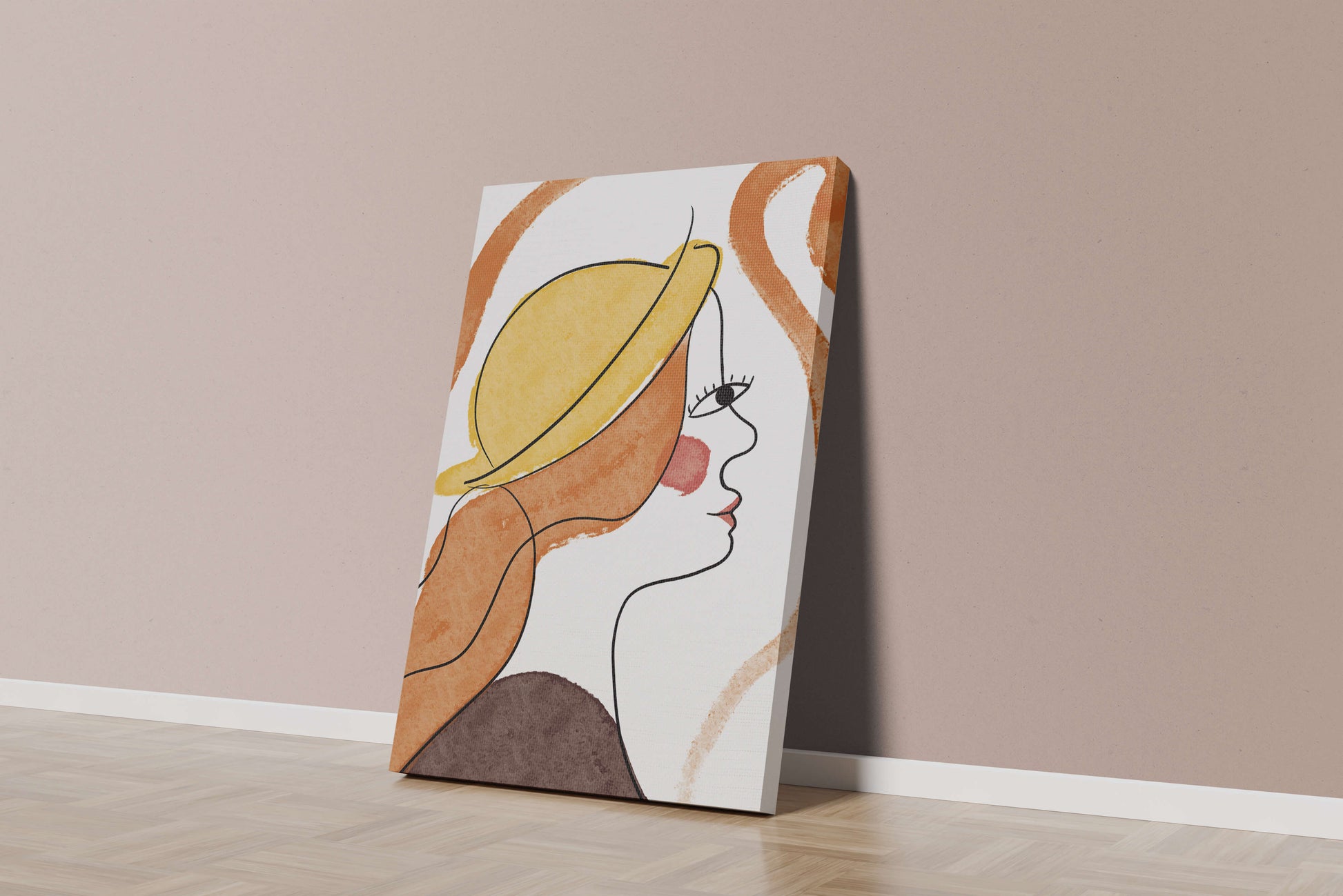Retrato de línea moderna de una mujer con sombrero y colores vibrantes