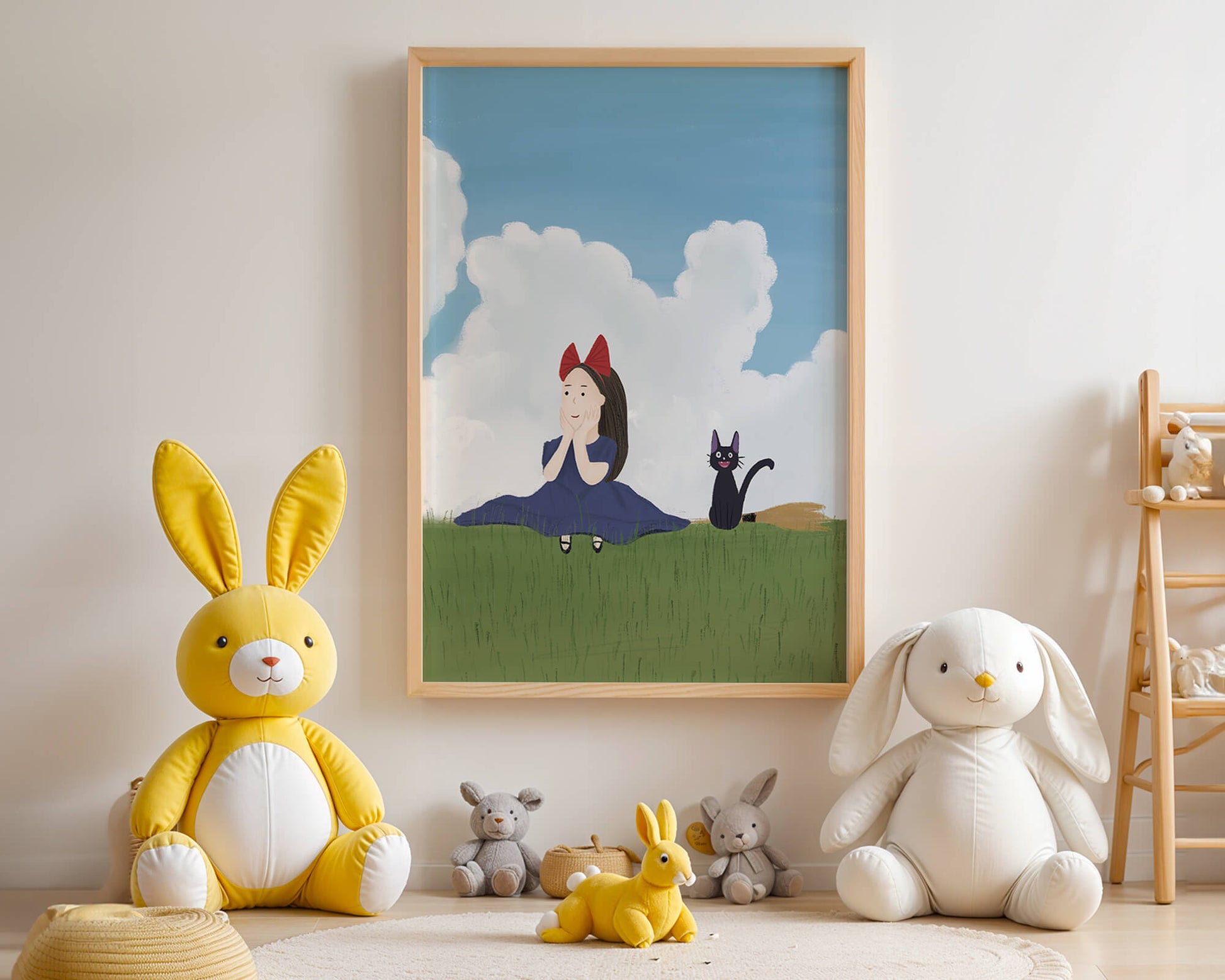 Girl with Red Bow and Cat in Lush Green Meadow