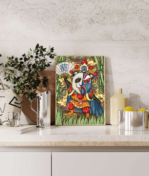 Colorful panda dressed in traditional Chinese opera costume surrounded by bamboo