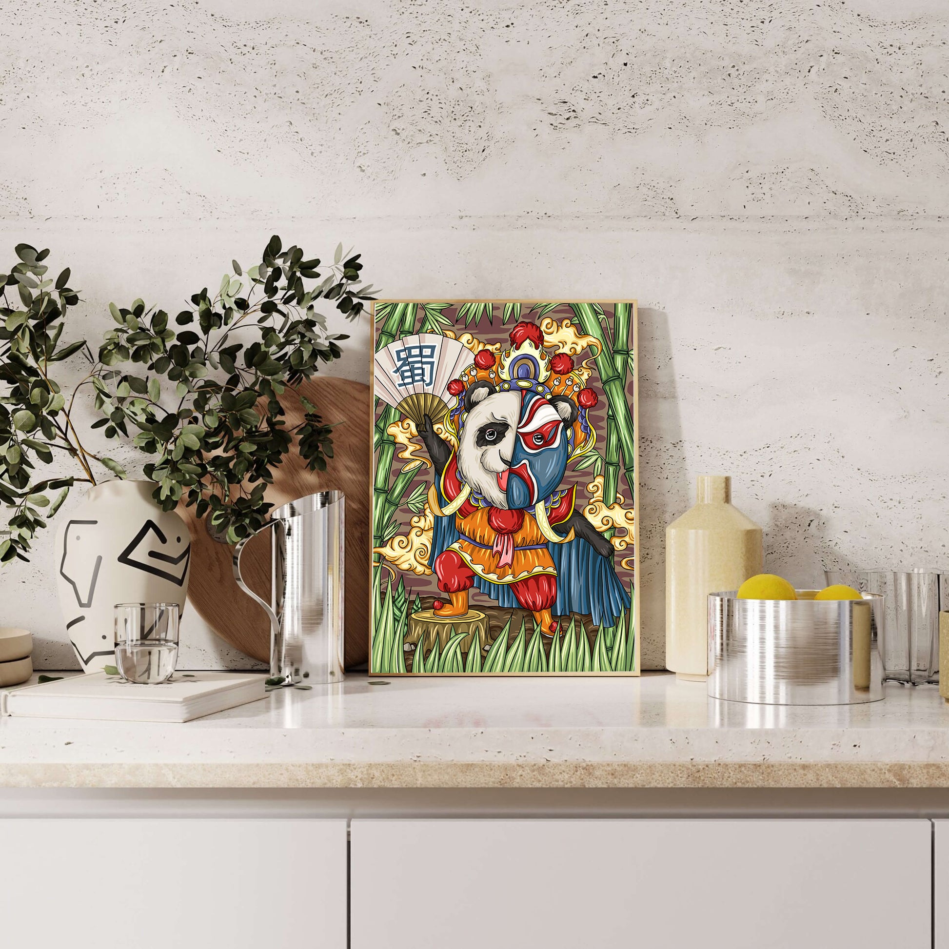 Colorful panda dressed in traditional Chinese opera costume surrounded by bamboo