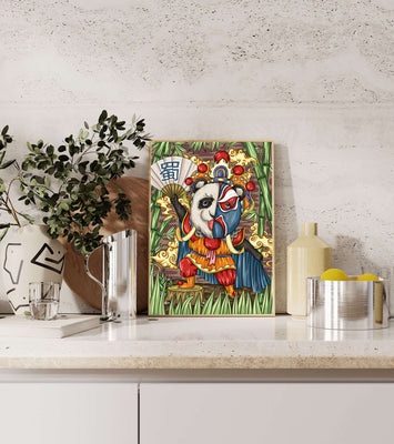 Colorful panda dressed in traditional Chinese opera costume surrounded by bamboo