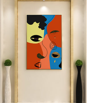 Abstract faces with vibrant colors and gold accents